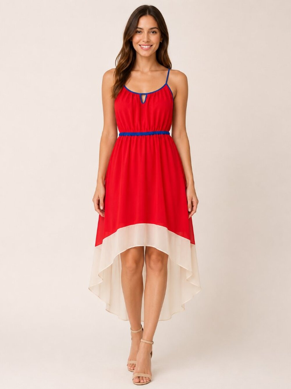 Willow & Clay High Low Dress Small Red Ivory Blue Colorblock Spaghetti Strap